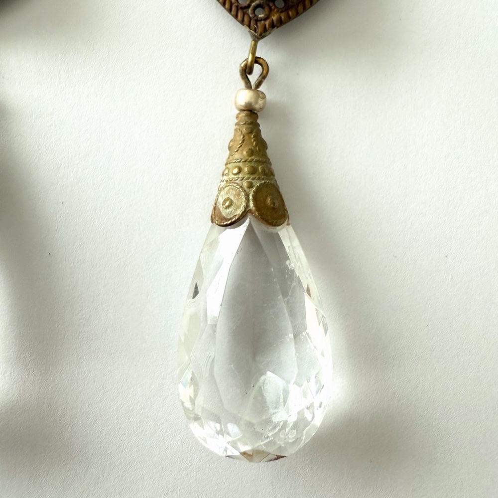 Large Vintage Czech Clear Glass Teardrop & Brass Filigree Dangle Drop Earrings - Picture 4 of 7
